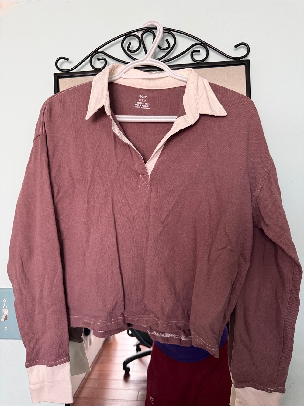 aerie Mauve Rugby Polo Sweatshirt with Cream Collar